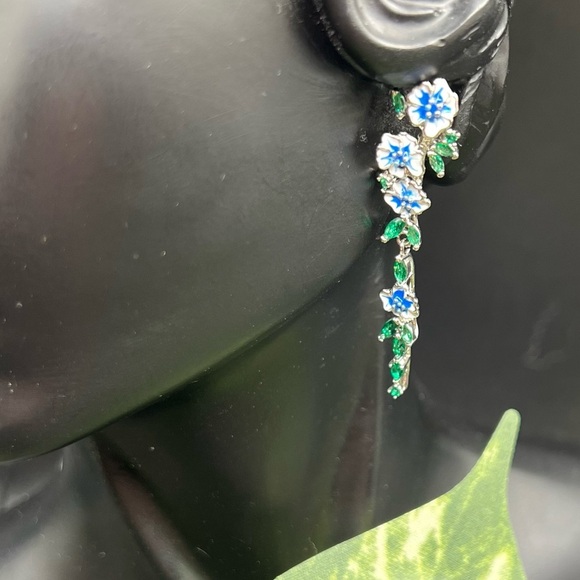 NIB 925 Plated Enamel Flower Inlay Drop Earrings with Crystal Accents - Picture 16 of 16